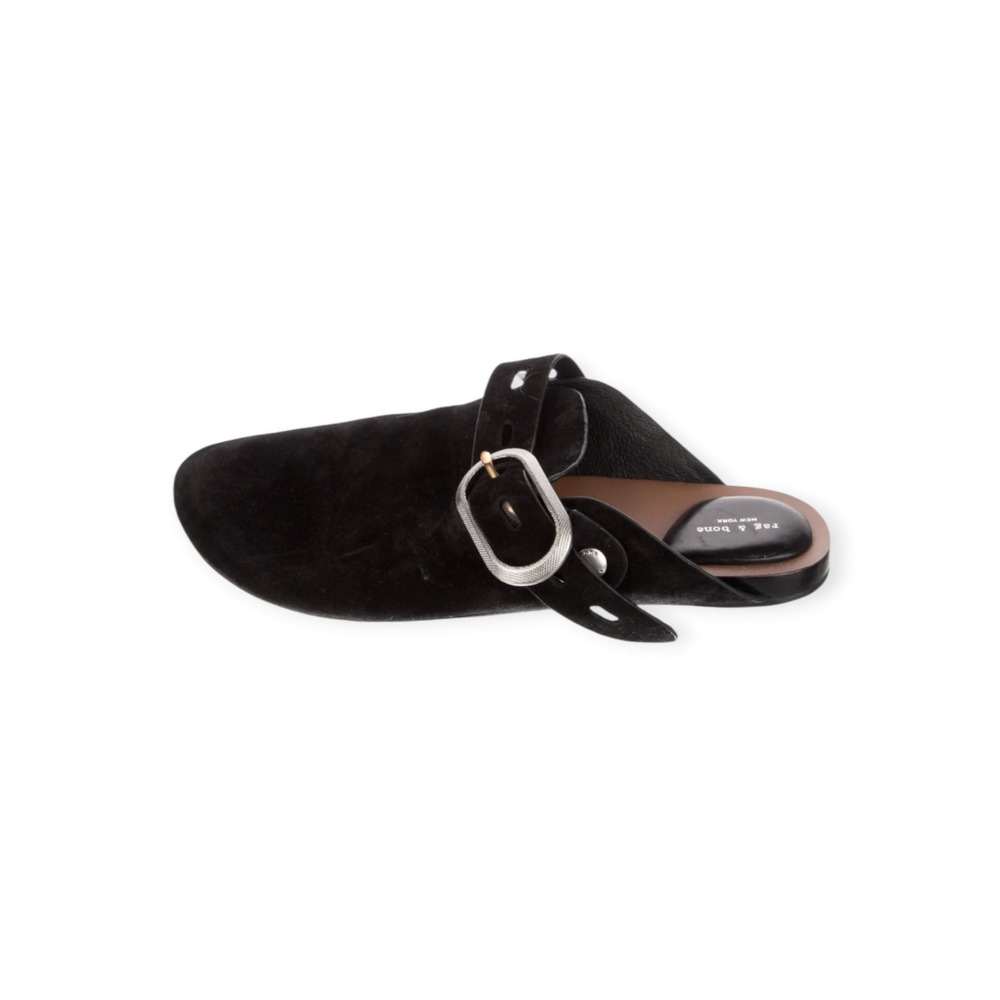 Rag & Bone Black Suede Leather Mules Harness Buckle Western Boho Flat Slides 8.5